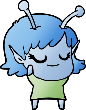 Bir insan tarafından çizilmiş gülümseyen uzaylı kız çizgi filmi.