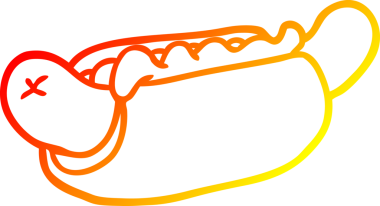 Bir insan tarafından çizilmiş taze ve lezzetli bir sosislinin sıcak çizgi çizimi