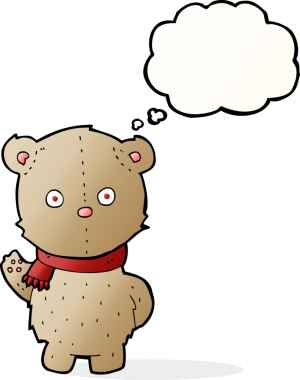 Bir insan tarafından çizilmiş düşünce baloncuklu atkı takan çizgi film ayısı.