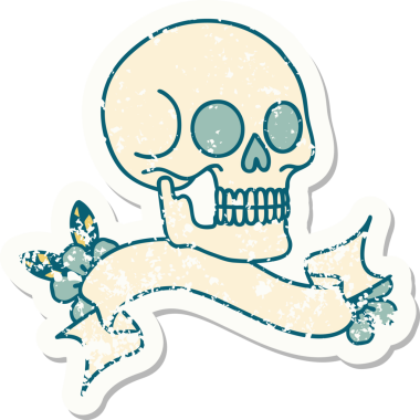 Bir insan tarafından çizilmiş kafatasının pankartıyla eski bir etiket.