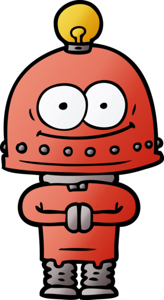 Bir insan tarafından çizilmiş ampullü mutlu karton robot.