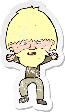 Bir insan tarafından çizilmiş sakallı, mutlu bir adamın karikatür yapıştırması.