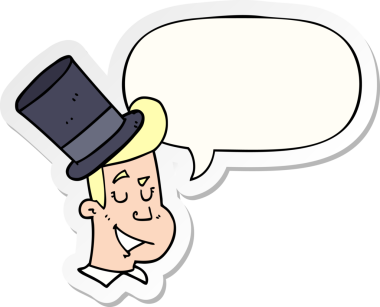 Bir insan tarafından çizilmiş konuşma kabarcığı çıkartmalı silindir şapkalı çizgi film adamı.