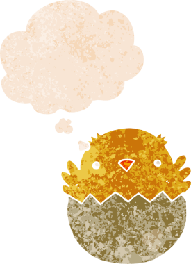 Yumurtadan çıkan karikatür civcivi grunge 'de düşünce baloncuğu ile insan tarafından çizilmiş tedirgin bir retro stil.