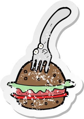 Çizgi film çatalı ve bir insan tarafından çizilmiş bir hamburgerin gerilimli yapıştırması.