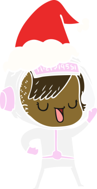 Bir insan tarafından çizilmiş Noel Baba şapkası giyen astronot bir kadının düz renkli çizimi.