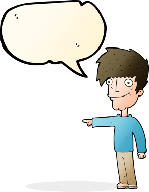 Bir insan tarafından çizilmiş konuşma balonuyla işaret eden mutlu adam çizgi filmi.