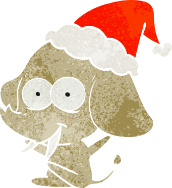 Mutlu el, bir insan tarafından çizilmiş Noel Baba şapkası takan bir filin retro karikatürü.