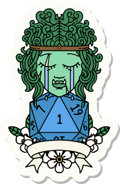 Ağlayan bir ork barbar karakterinin çıkartması. Bir insan tarafından çizilmiş doğal bir D20 rulosu.