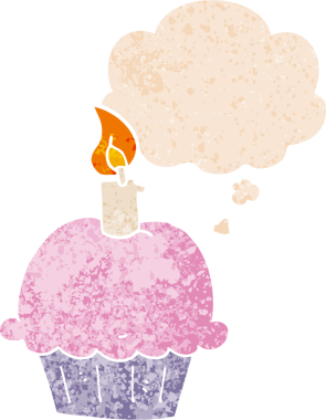 Düşünce baloncuklu doğum günü pastası grunge sıkıntılı retro desenli bir insan tarafından çizilmiş