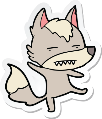 Bir insan tarafından çizilmiş dişleri gösteren bir kurt çizgi film etiketi.