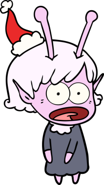 Bir insan tarafından çizilmiş Noel Baba şapkası giyen şok olmuş bir uzaylı kızın el çizimi.