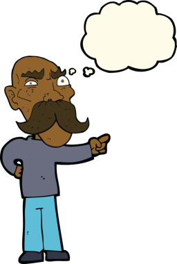 Bir insan tarafından çizilen düşünce baloncuğuyla işaret eden yaşlı adam sinirlendi.