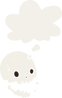 Düşünce baloncuğu olan, bir insan tarafından çizilmiş garip bir kafatası.