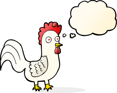 Bir insan tarafından çizilmiş düşünce kabarcığı olan çizgi film horozu.