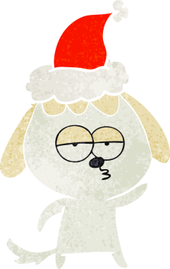 Bir insan tarafından çizilmiş Noel Baba şapkası giymiş sıkılmış bir köpeğin el çizimi karikatürü.