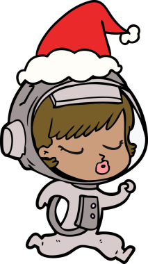 Bir insan tarafından çizilmiş Noel Baba şapkasıyla koşan güzel bir astronot kızın el çizimi.