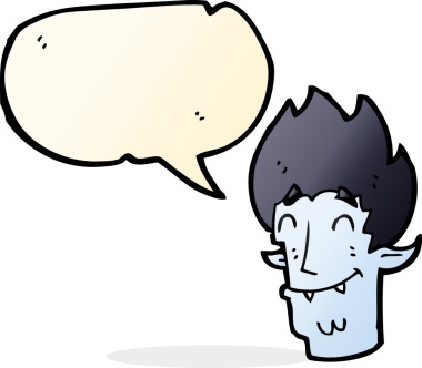 Bir insan tarafından çizilmiş konuşma balonlu mutlu vampir kafası.