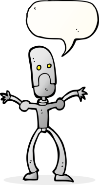 Bir insan tarafından çizilmiş konuşma balonlu komik robot.