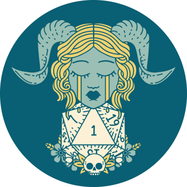 Ağlama ikonu, bir insan tarafından çizilmiş doğal bir D20 zar ile bağlanıyor.