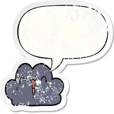 Konuşma baloncuğu olan sevimli çizgi film bulutu bir insan tarafından çizilmiş sıkıntılı eski bir çıkartma