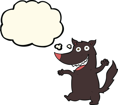 Bir insan tarafından çizilmiş düşünce balonlu mutlu kurt çizgi filmi.