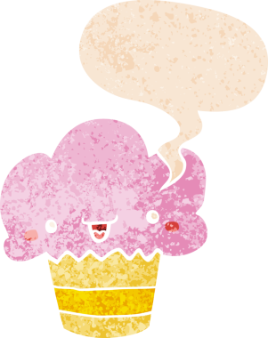 Yüzü konuşma baloncuğu olan, grunge 'da sıkıntılı, desenli bir insan tarafından çizilmiş bir kek.