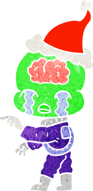 Ağlayan ve Noel Baba şapkası takan büyük beyinli bir uzaylının el çizimi karikatürü.