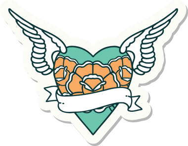 Geleneksel kalp stili dövme çıkartması. Kanatları, çiçekleri ve insan sancağıyla çizilmiş.