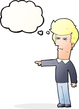 Bir insan tarafından çizilen düşünce baloncuğuyla suçlanan çizgi film adamı.