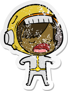 Bir astronot kadının insan tarafından çizildiğini açıklayan bir karikatür çıkartması.