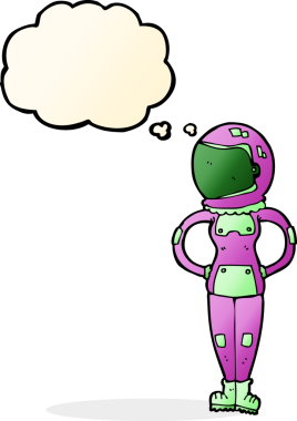 Bir insan tarafından çizilmiş düşünce baloncuğu olan kadın astronot.