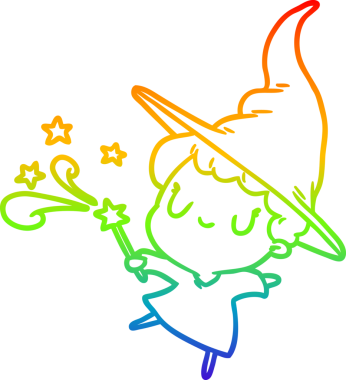 Gökkuşağı gradyan çizimi bir insan tarafından çizilmiş sevimli bir cadı döküm büyü