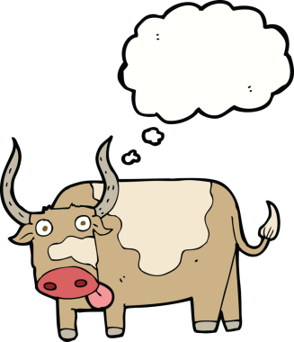 Bir insan tarafından çizilmiş düşünce baloncuklu çizgi film boğası.