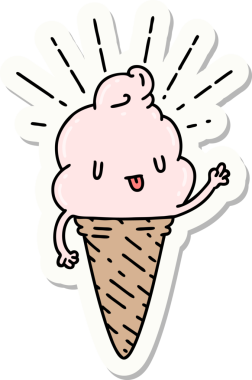 Bir insan tarafından çizilmiş dövme stili dondurma karakterinin çıkartması.