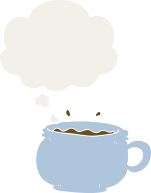 Düşünce baloncuklu bir fincan sıcak kahve insan tarafından çizilmiş.