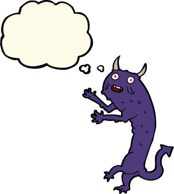 Bir insan tarafından çizilmiş düşünce balonlu çizgi film şeytanı.