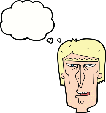 Bir insan tarafından çizilmiş düşünce baloncuklu kızgın bir yüz.