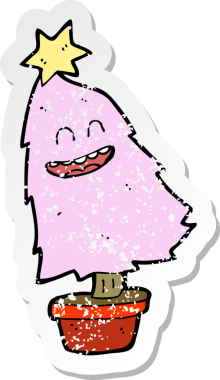 Bir insan tarafından çizilmiş dans eden bir karikatür yılbaşı ağacının gerilemiş etiketi.