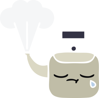 Bir insan tarafından çizilen dumanı tüten bir çaydanlığın düz renkli retro karikatürü