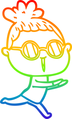 Bir insan tarafından çizilmiş gözlük takan bir karikatür kadının çizimi.