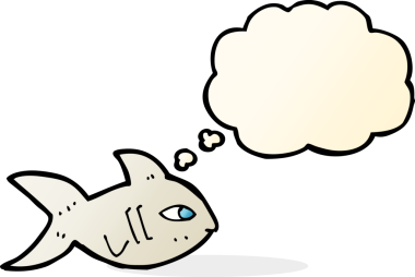 Bir insan tarafından çizilmiş düşünce baloncuklu çizgi film balığı.