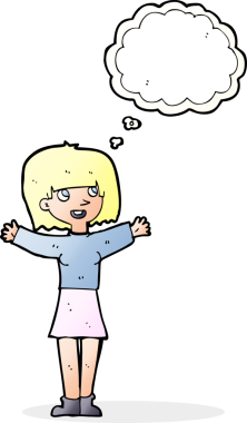 Bir insan tarafından çizilmiş düşünce baloncuğu olan heyecanlı bir kadın.