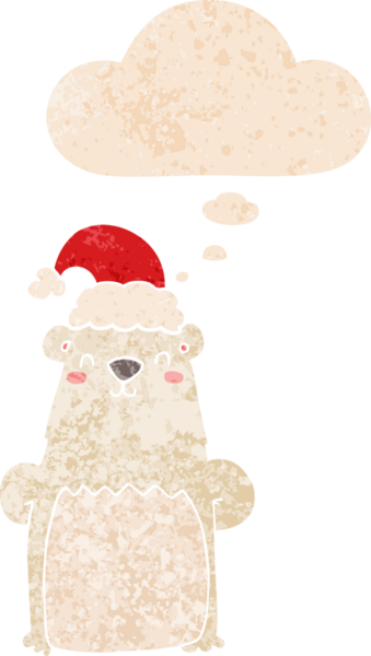 Çizgi film ayısı Noel şapkası takıyor. Düşünce baloncuğu ve grunge dertli eski moda bir insan tarafından çizilmiş.