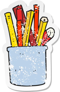 Bir insan tarafından çizilmiş kalem ve kalem dolu bir karikatür masasının gerilimli yapıştırması.