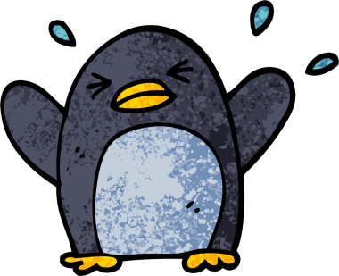 Grunge desenli karikatür kanat çırpan penguen bir insan tarafından çizilmiş.