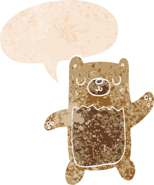 Bir insan tarafından çizilmiş grunge sıkıntılı retro biçimli konuşma balonu ile çizgi film ayısı