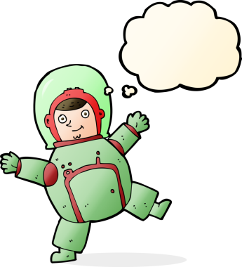 Bir insan tarafından çizilmiş düşünce baloncuklu astronot.