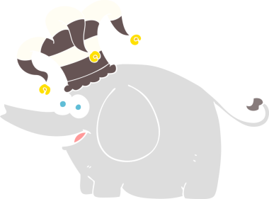 Sirk şapkası takan bir insan tarafından çizilmiş filin düz renkli çizimi