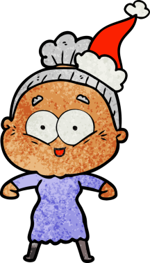 Bir insan tarafından çizilmiş Noel Baba şapkası giyen mutlu yaşlı bir kadının el çizimi karikatürü.